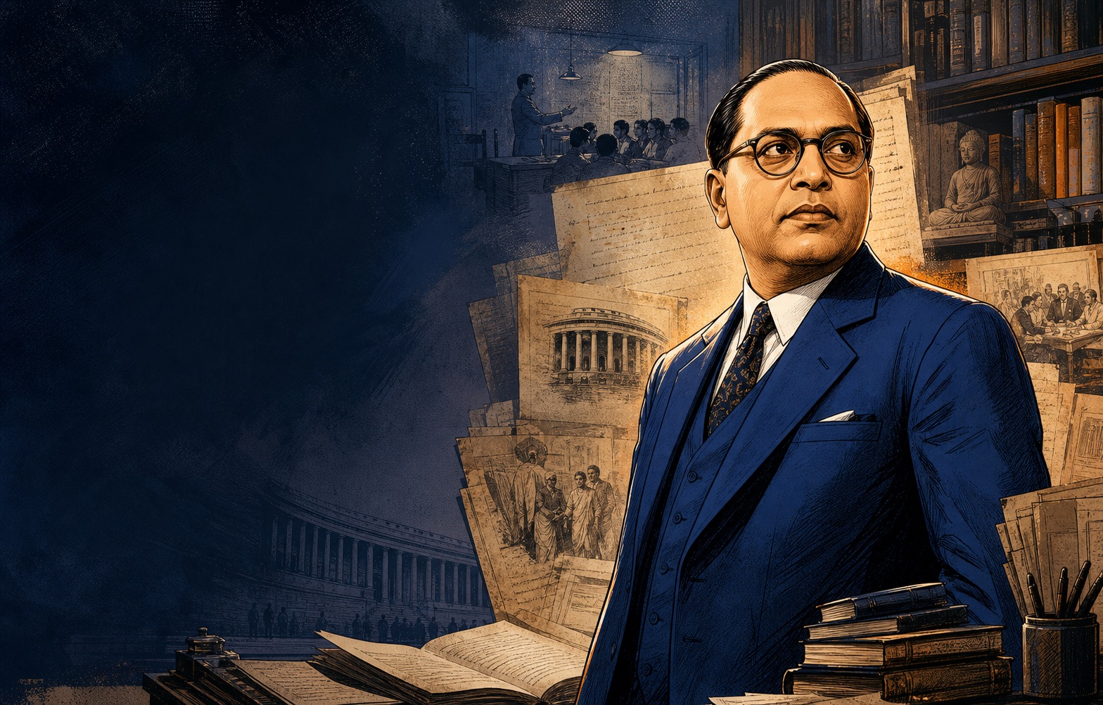 Original archival illustration of Dr. B. R. Ambedkar among books and historical documents